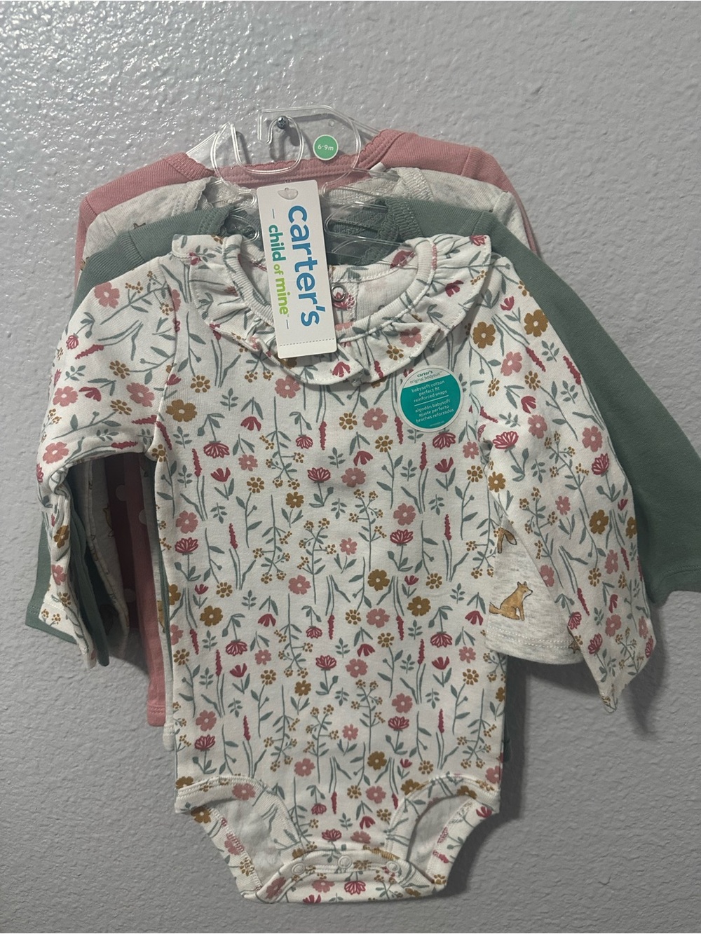 Carter's Floral Ruffle Baby Bodysuit Long Sleeve - Cream/Pink/Green